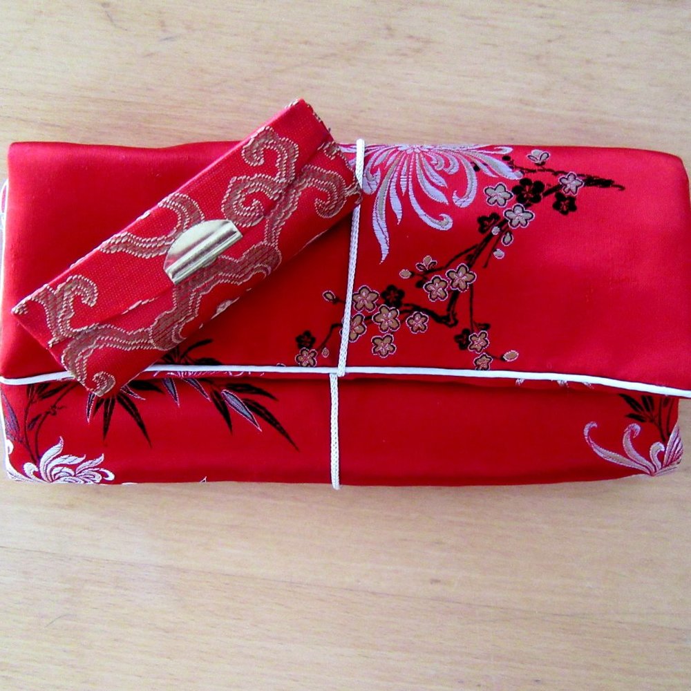 Red satin mirrored lipstick case & jewelry roll for travel